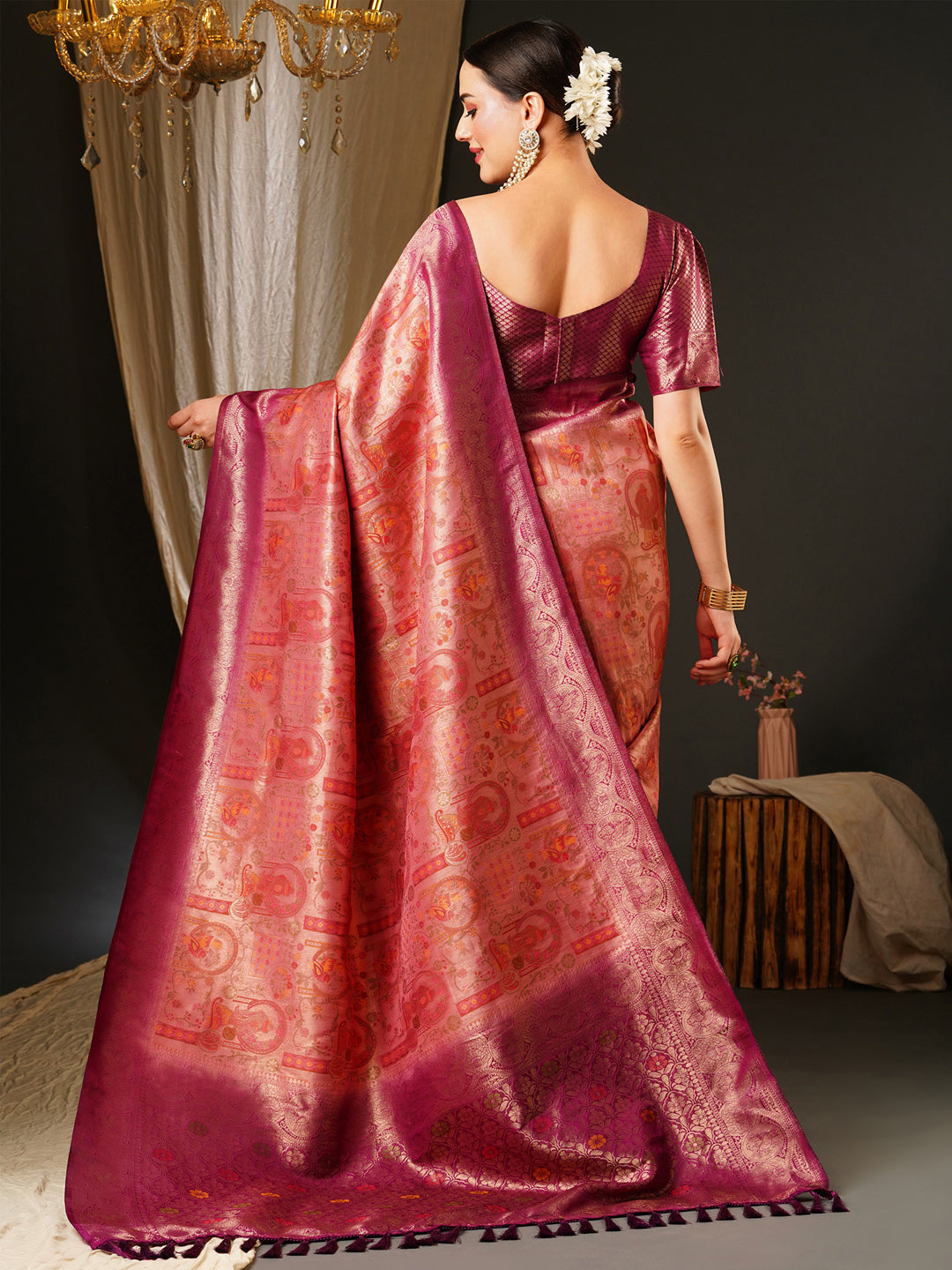 Kanjeevaram Silk Pink Woven Design Celebrity Saree With Blouse