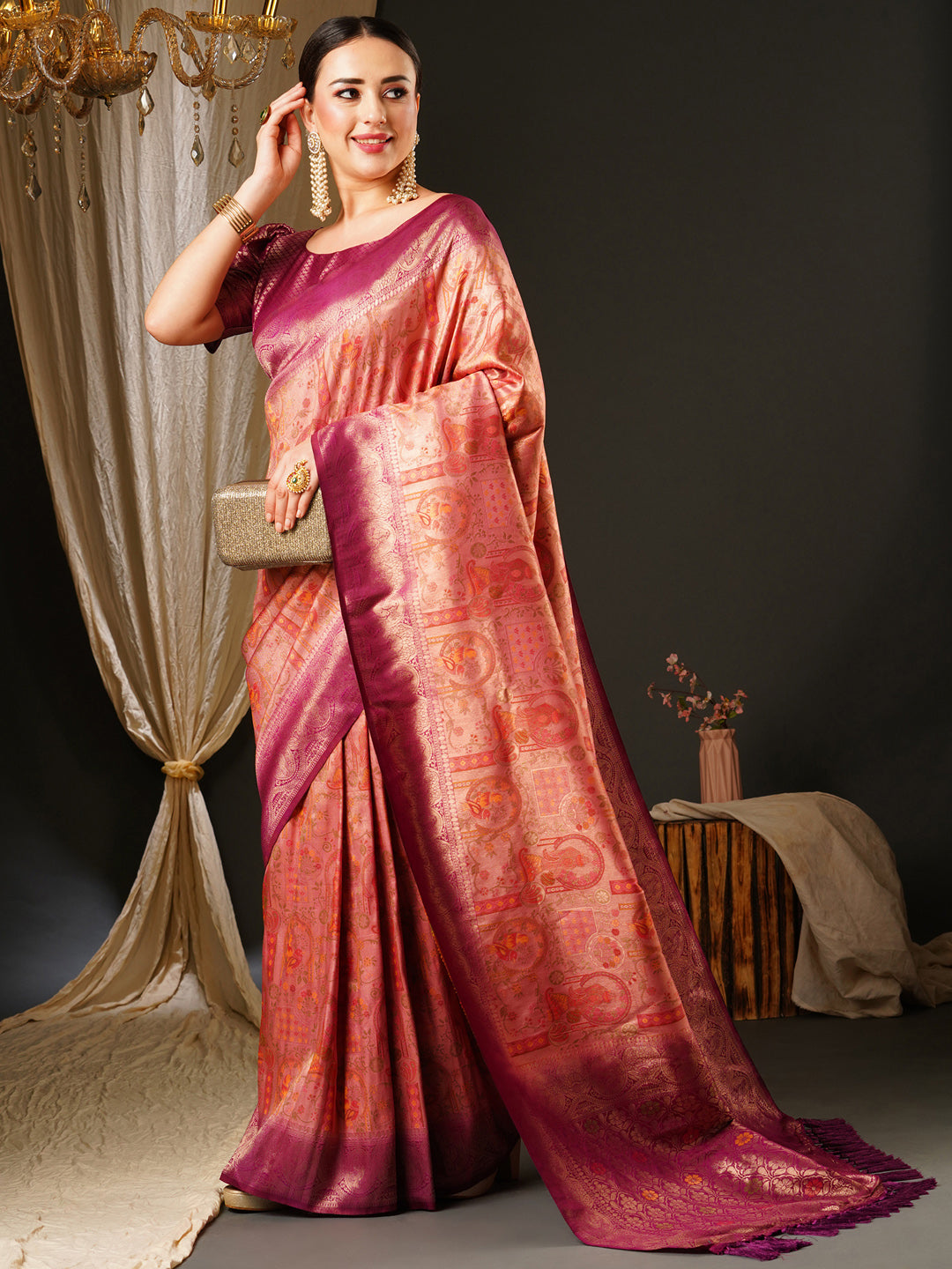 Kanjeevaram Silk Pink Woven Design Celebrity Saree With Blouse