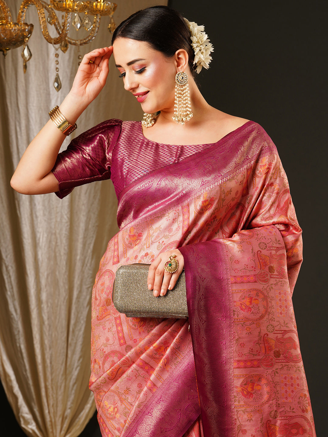 Kanjeevaram Silk Pink Woven Design Celebrity Saree With Blouse