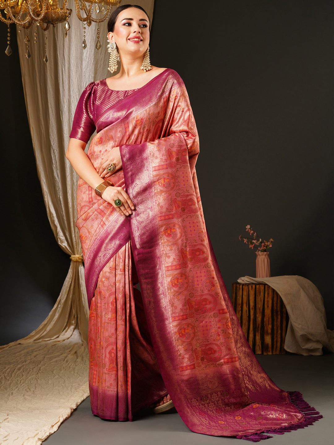 Kanjeevaram Silk Pink Woven Design Celebrity Saree With Blouse