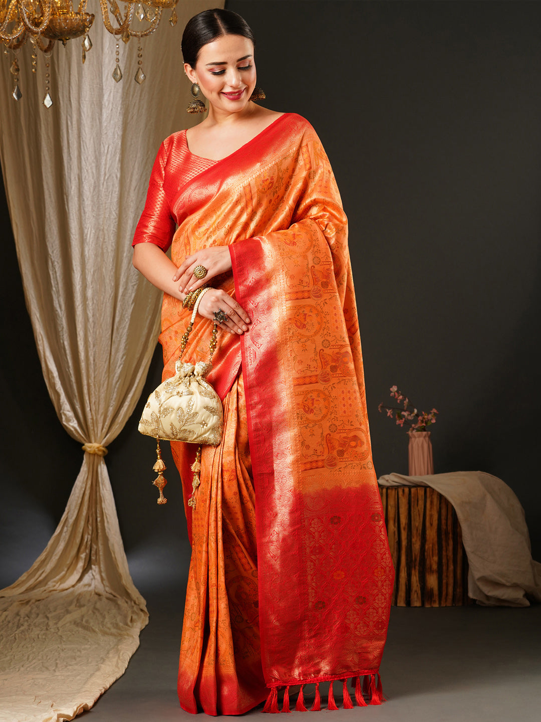 Kanjeevaram Silk Peach Woven Design Celebrity Saree With Blouse