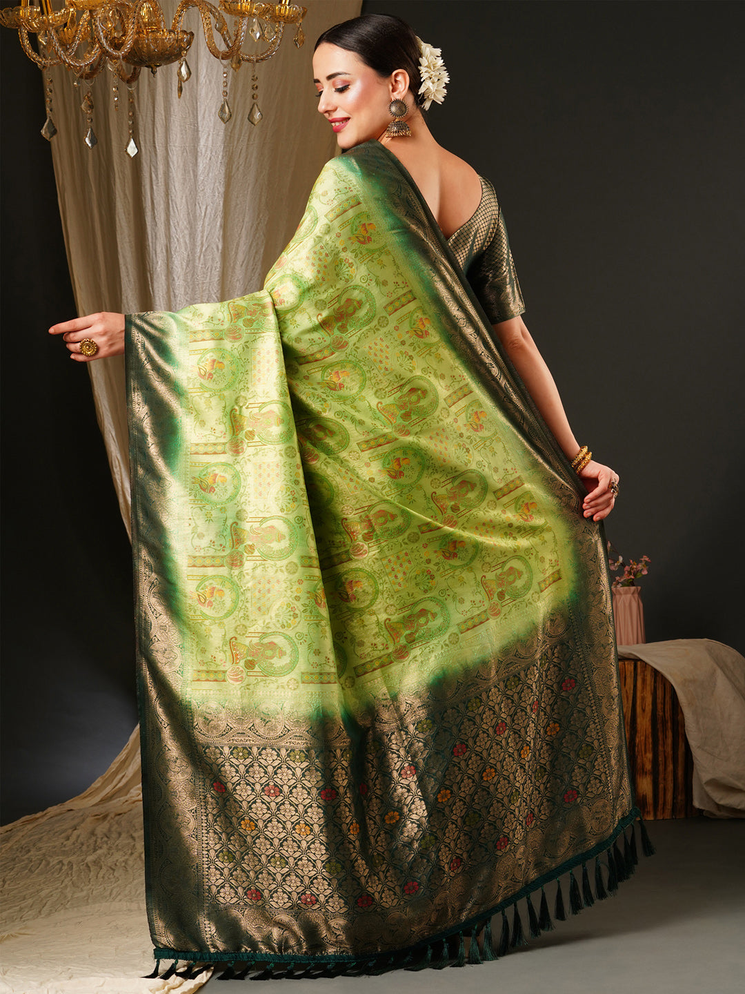 Kanjeevaram Silk Light Green Woven Design Celebrity Saree With Blouse