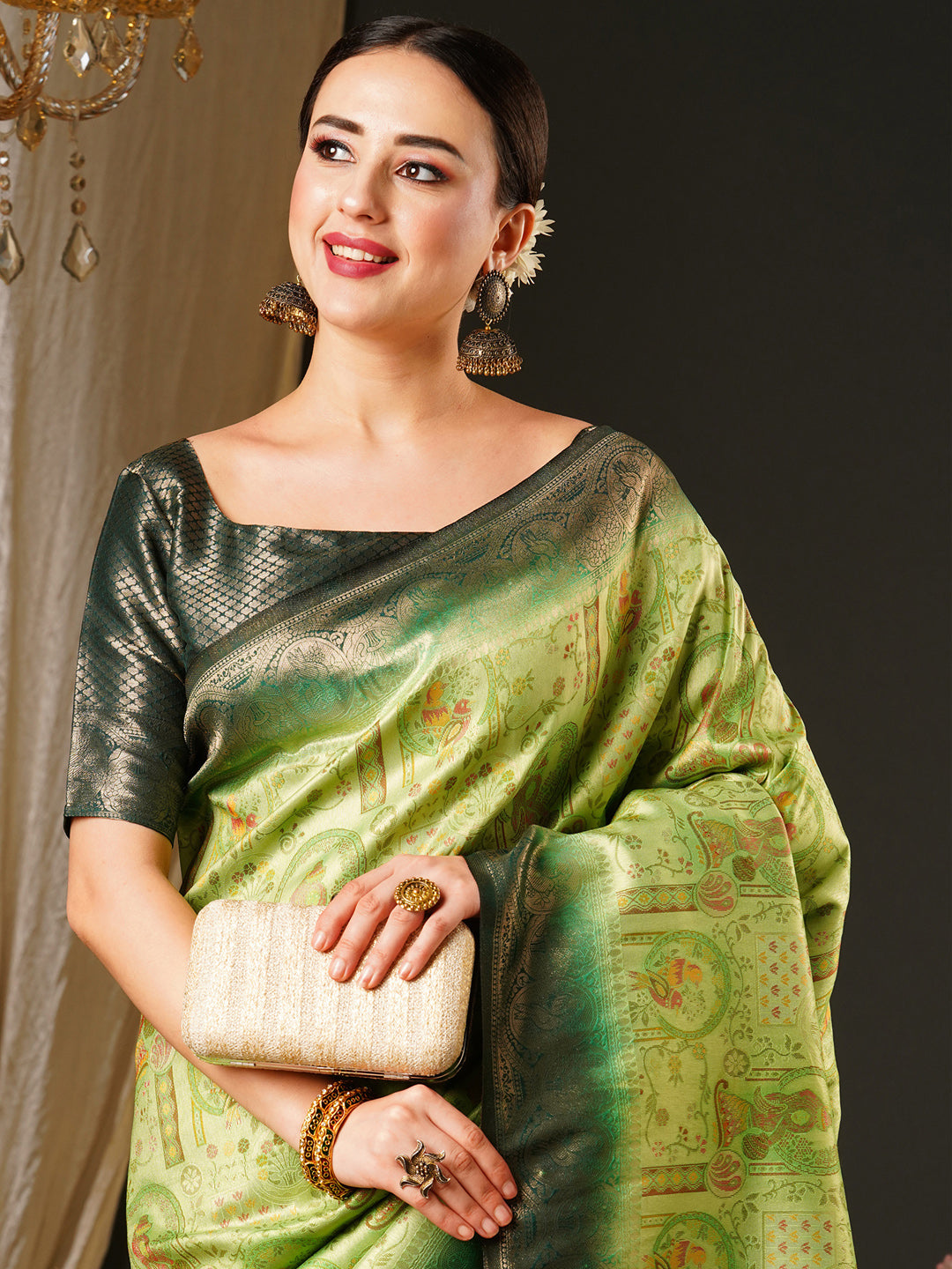 Kanjeevaram Silk Light Green Woven Design Celebrity Saree With Blouse