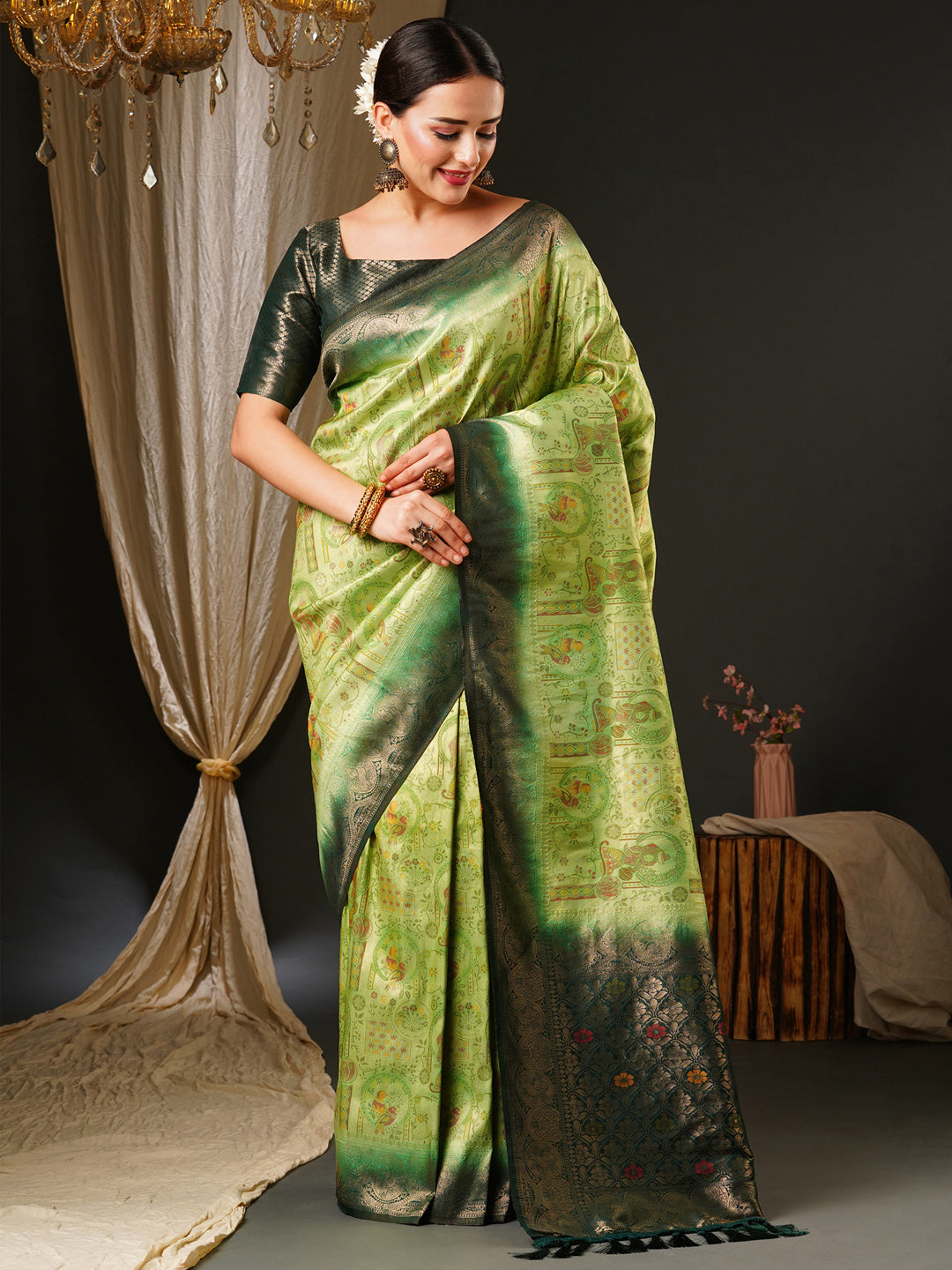 Kanjeevaram Silk Light Green Woven Design Celebrity Saree With Blouse