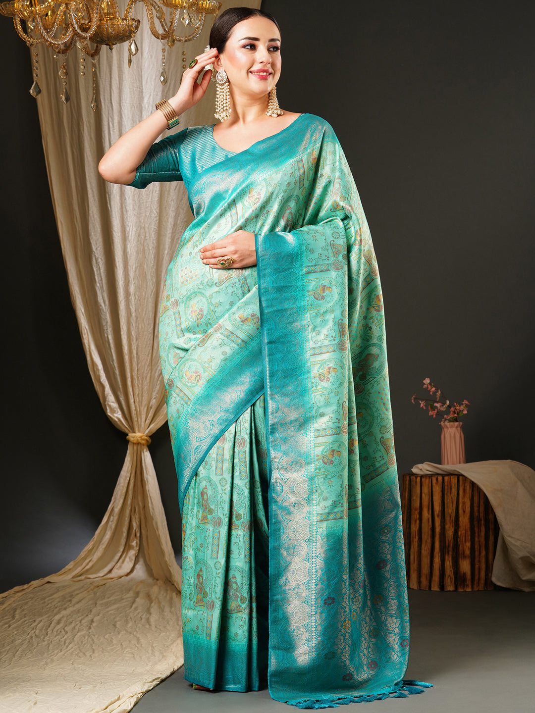 Kanjeevaram Silk Blue Woven Design Celebrity Saree With Blouse