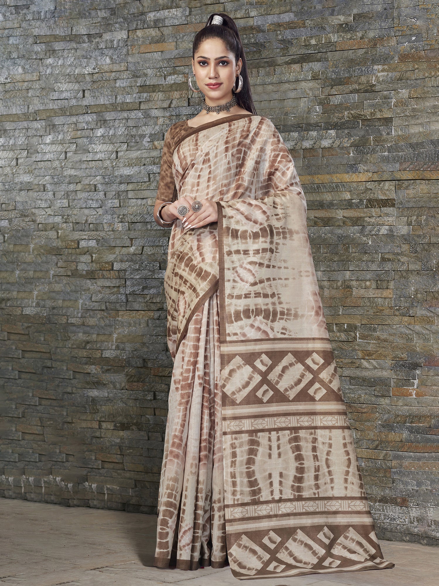 Bhagalpuri Silk Beige Printed Designer Saree With Blouse