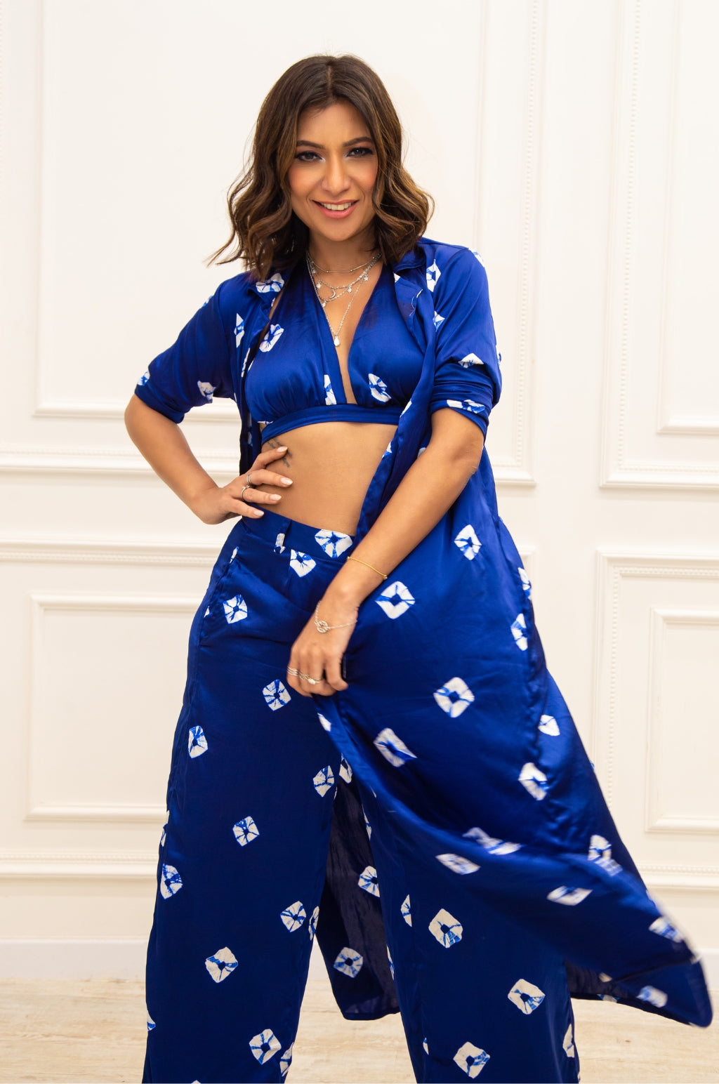 Miss Malini - Indigo Bandhani Modal Satin Three Piece Set