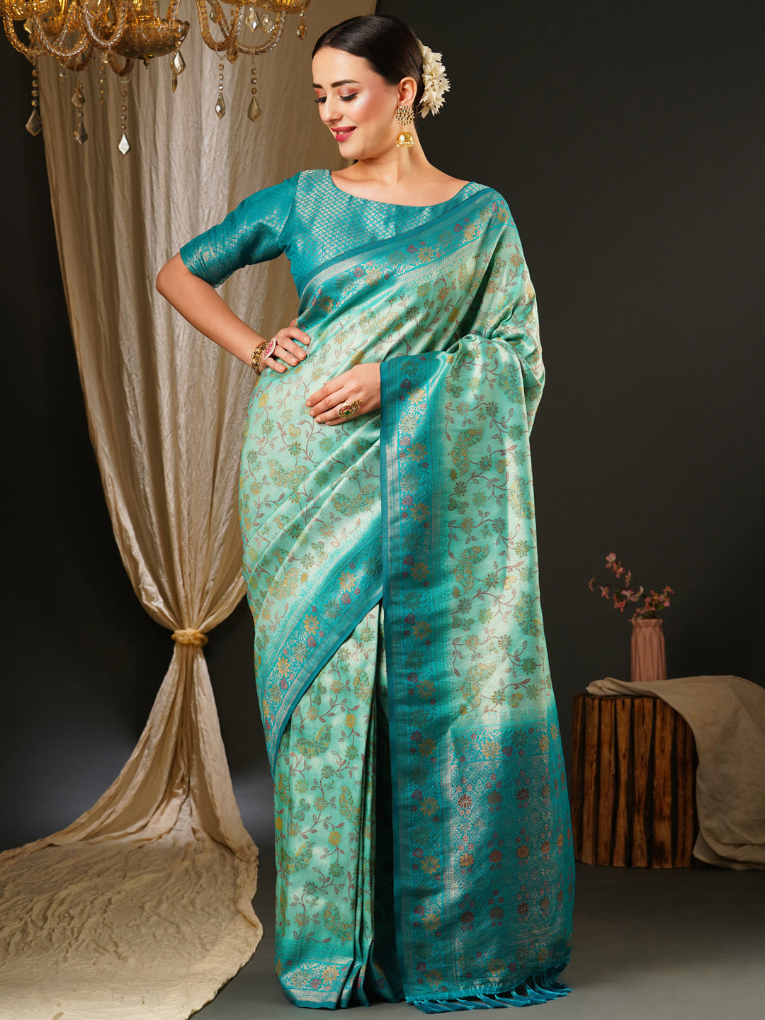 Kanjeevaram Silk Blue Woven Design Celebrity Saree With Blouse