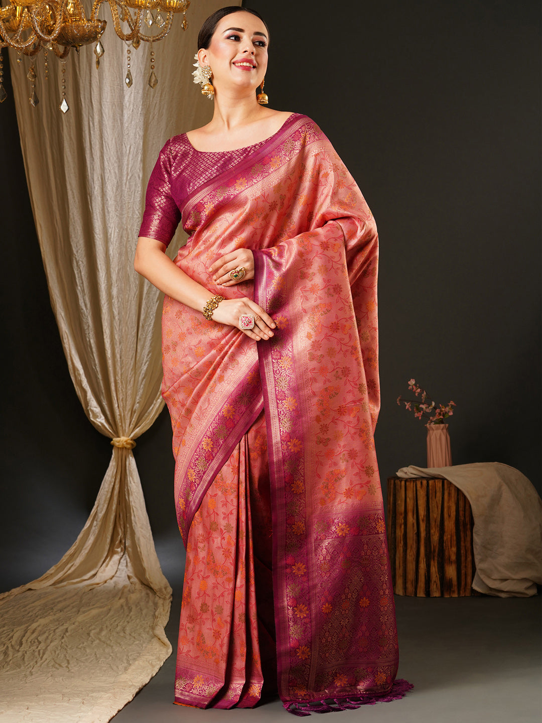 Kanjeevaram Silk Pink Woven Design Celebrity Saree With Blouse