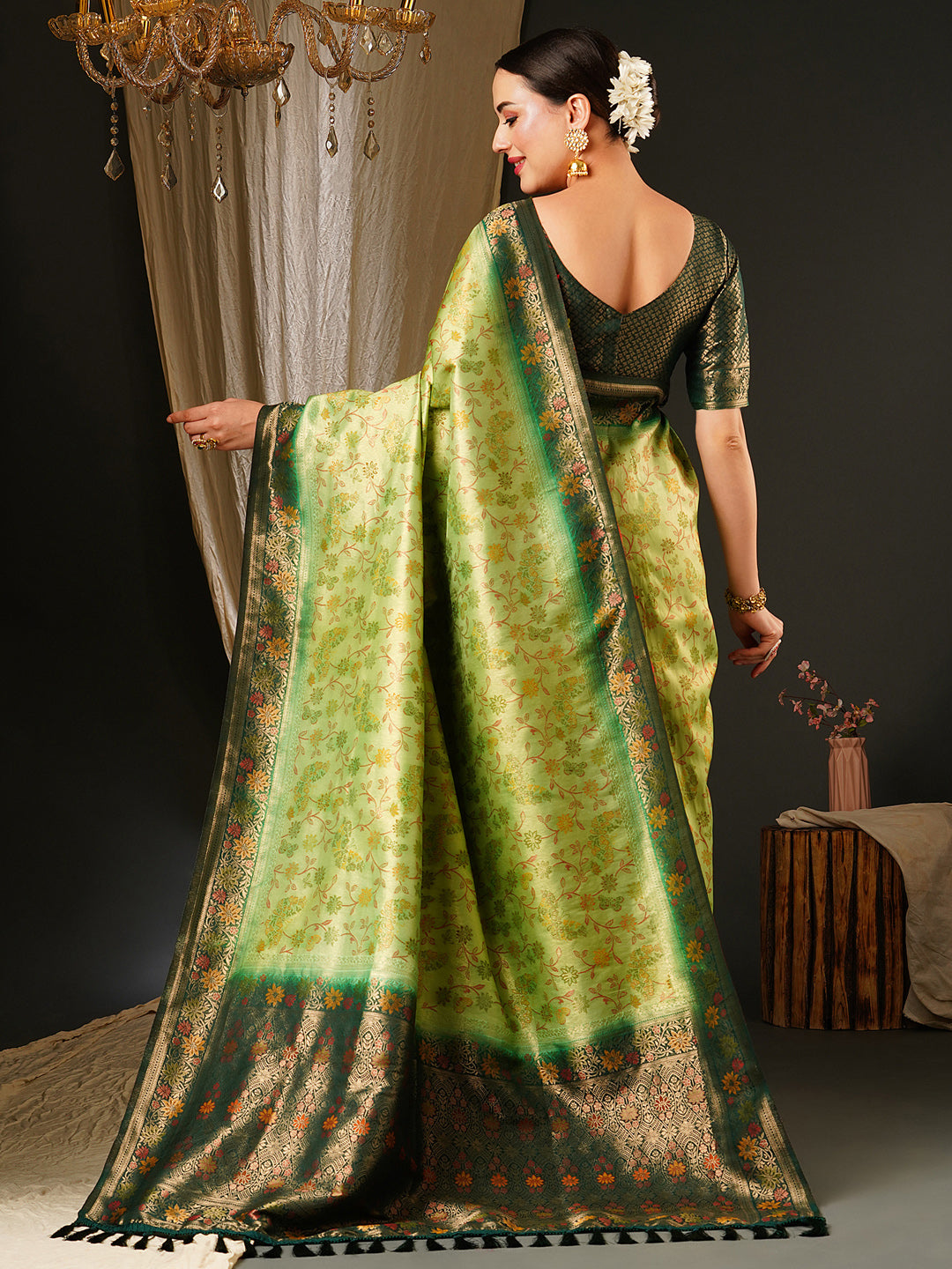 Kanjeevaram Silk Light Green Woven Design Celebrity Saree With Blouse