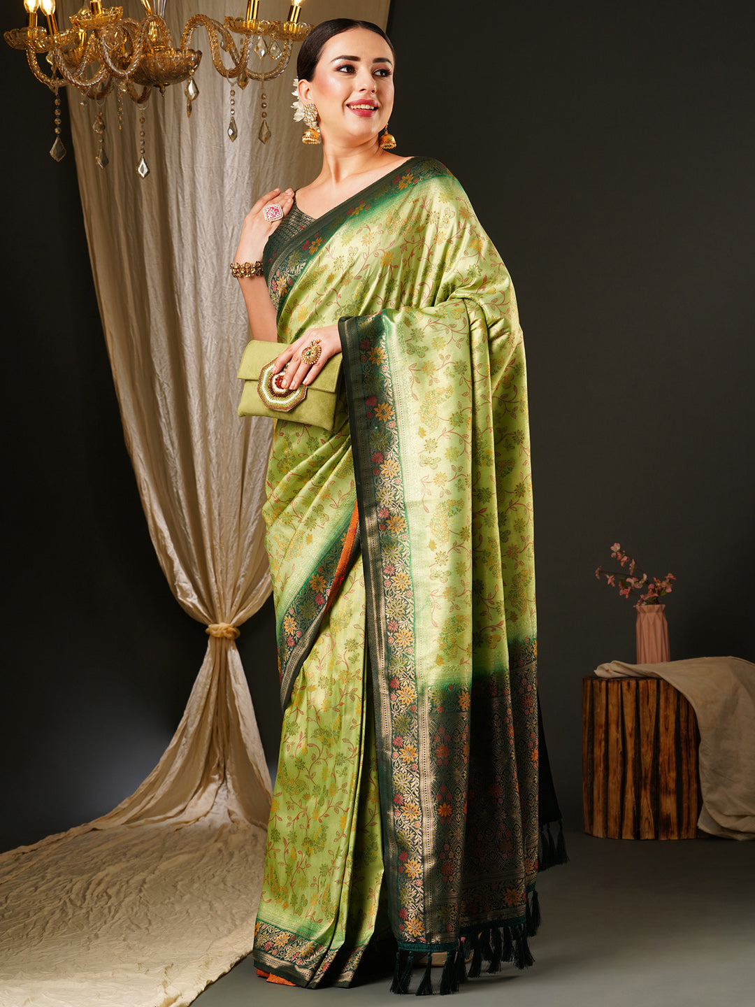 Kanjeevaram Silk Light Green Woven Design Celebrity Saree With Blouse