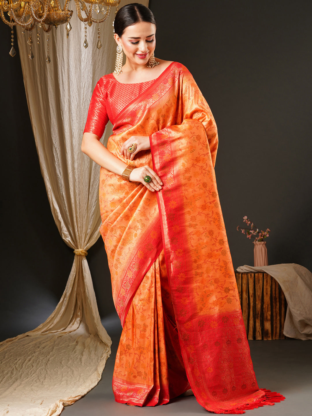 Kanjeevaram Silk Peach Woven Design Celebrity Saree With Blouse