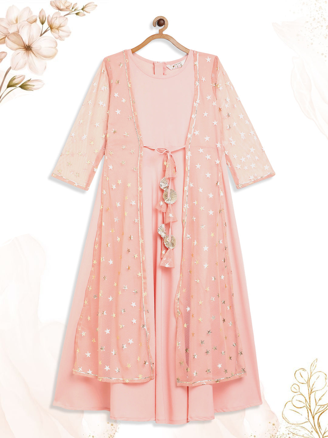 Pink Crepe & Net Foil Print Girls Dress