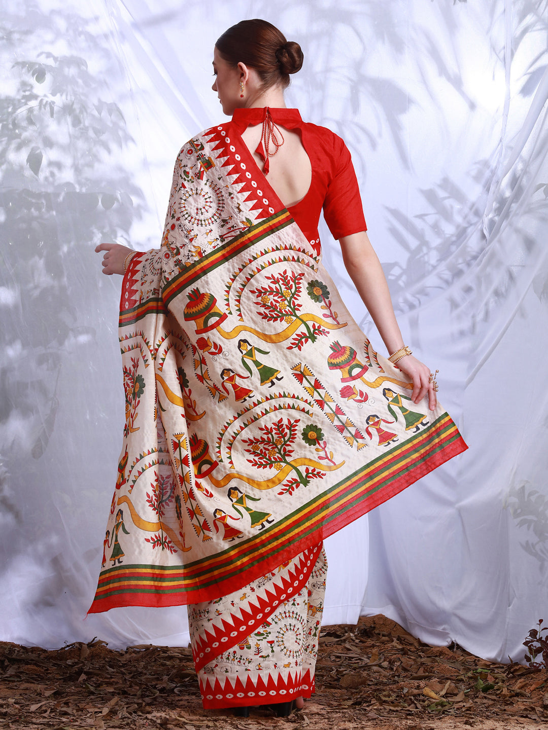 Bhagalpuri Silk Cream Printed Designer Saree With Blouse