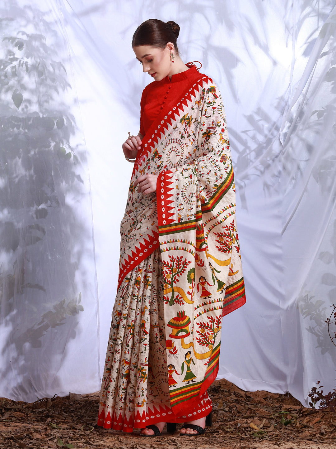 Bhagalpuri Silk Cream Printed Designer Saree With Blouse