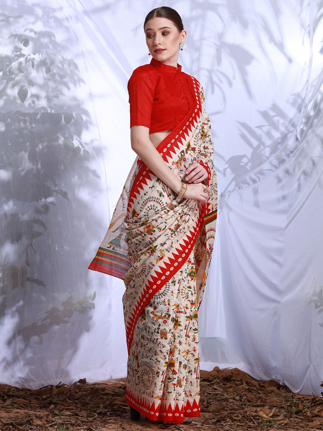 Bhagalpuri Silk Cream Printed Designer Saree With Blouse