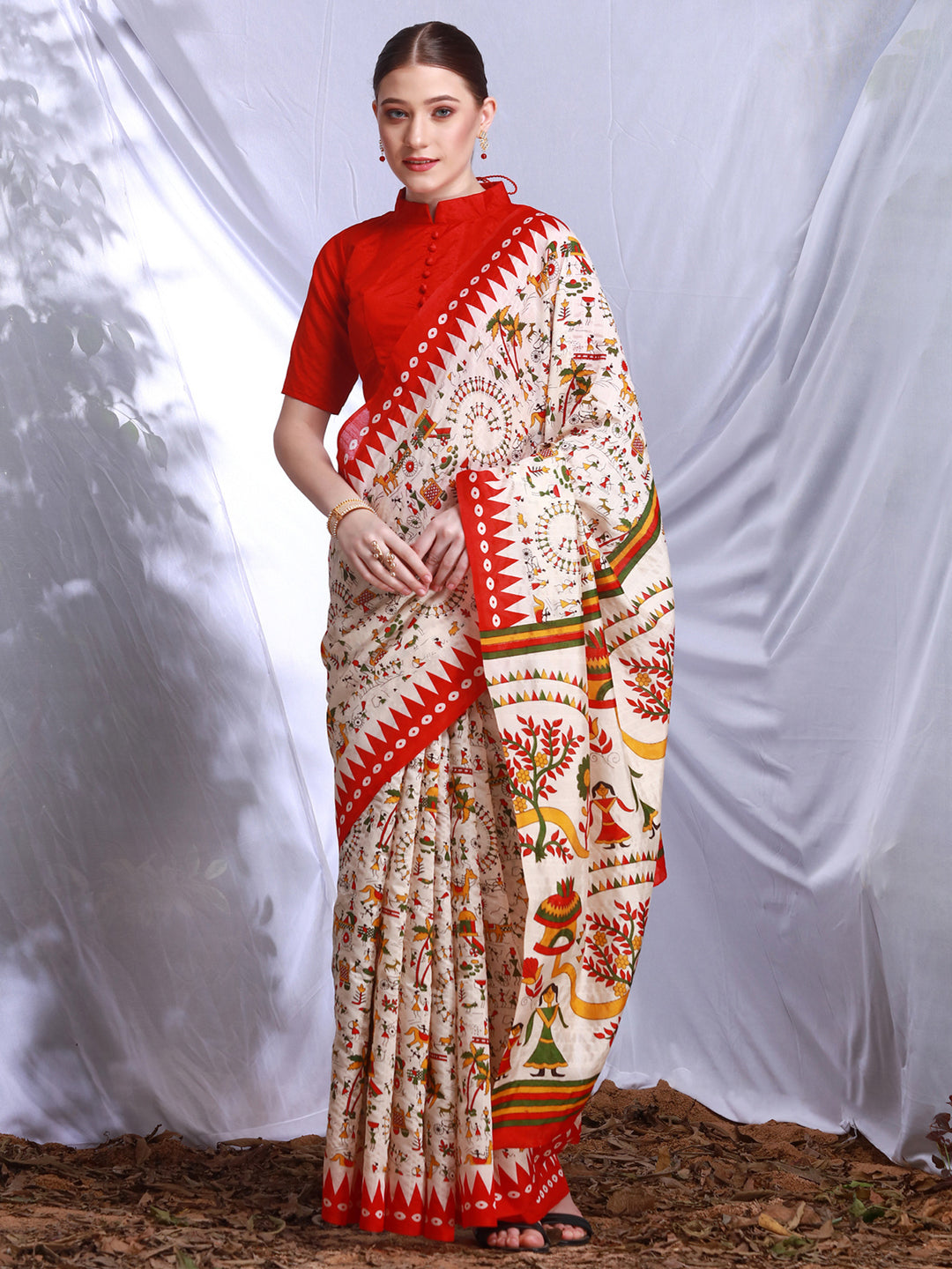 Bhagalpuri Silk Cream Printed Designer Saree With Blouse