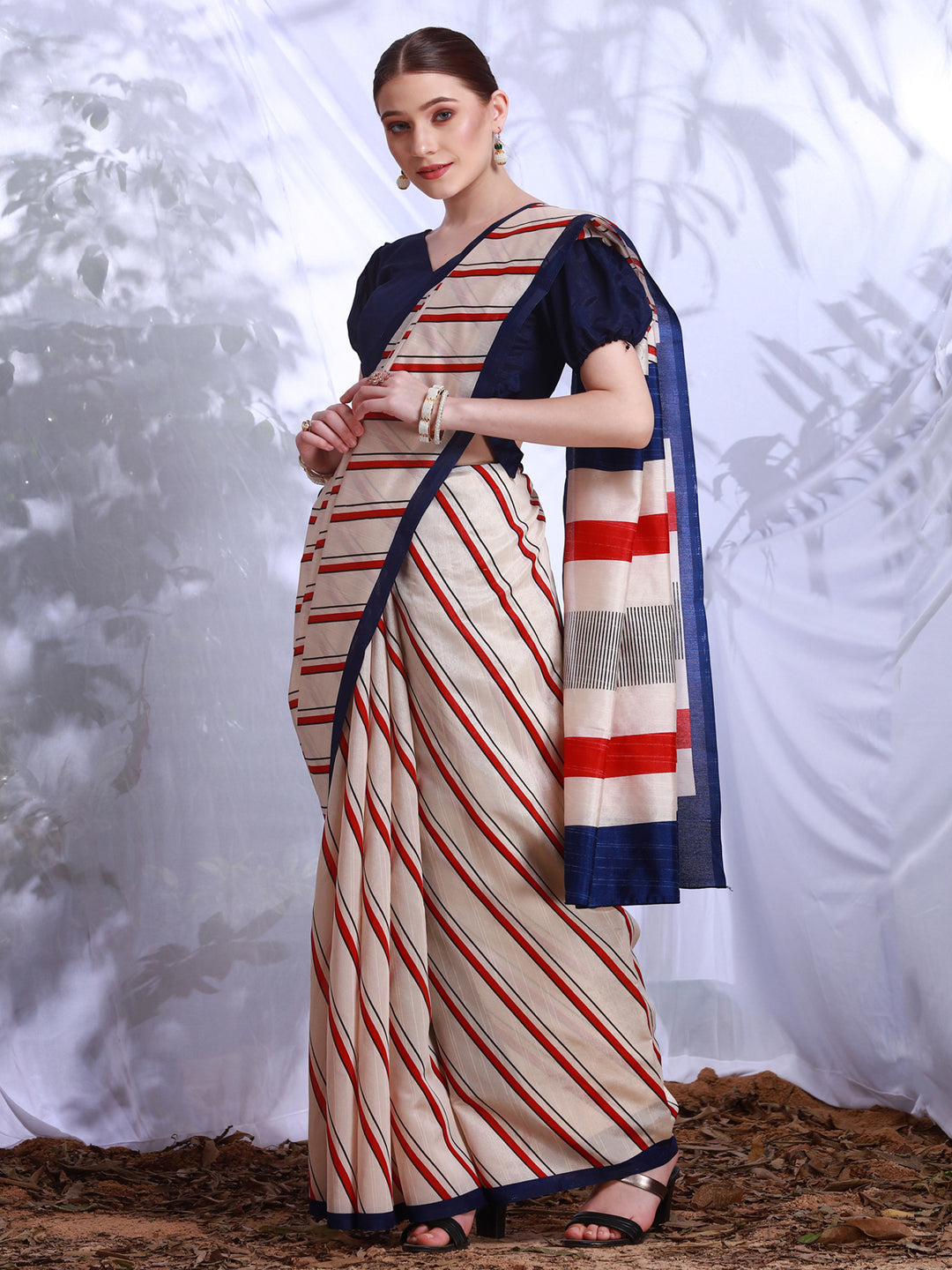 Bhagalpuri Silk Cream Printed Designer Saree With Blouse