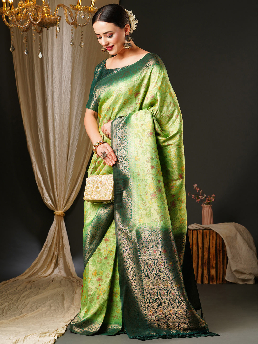Kanjeevaram Silk Light Green Woven Design Celebrity Saree With Blouse