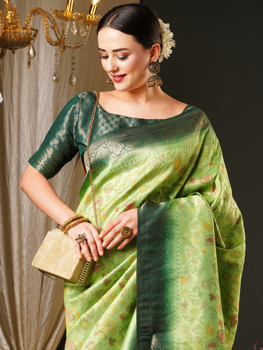 Kanjeevaram Silk Light Green Woven Design Celebrity Saree With Blouse