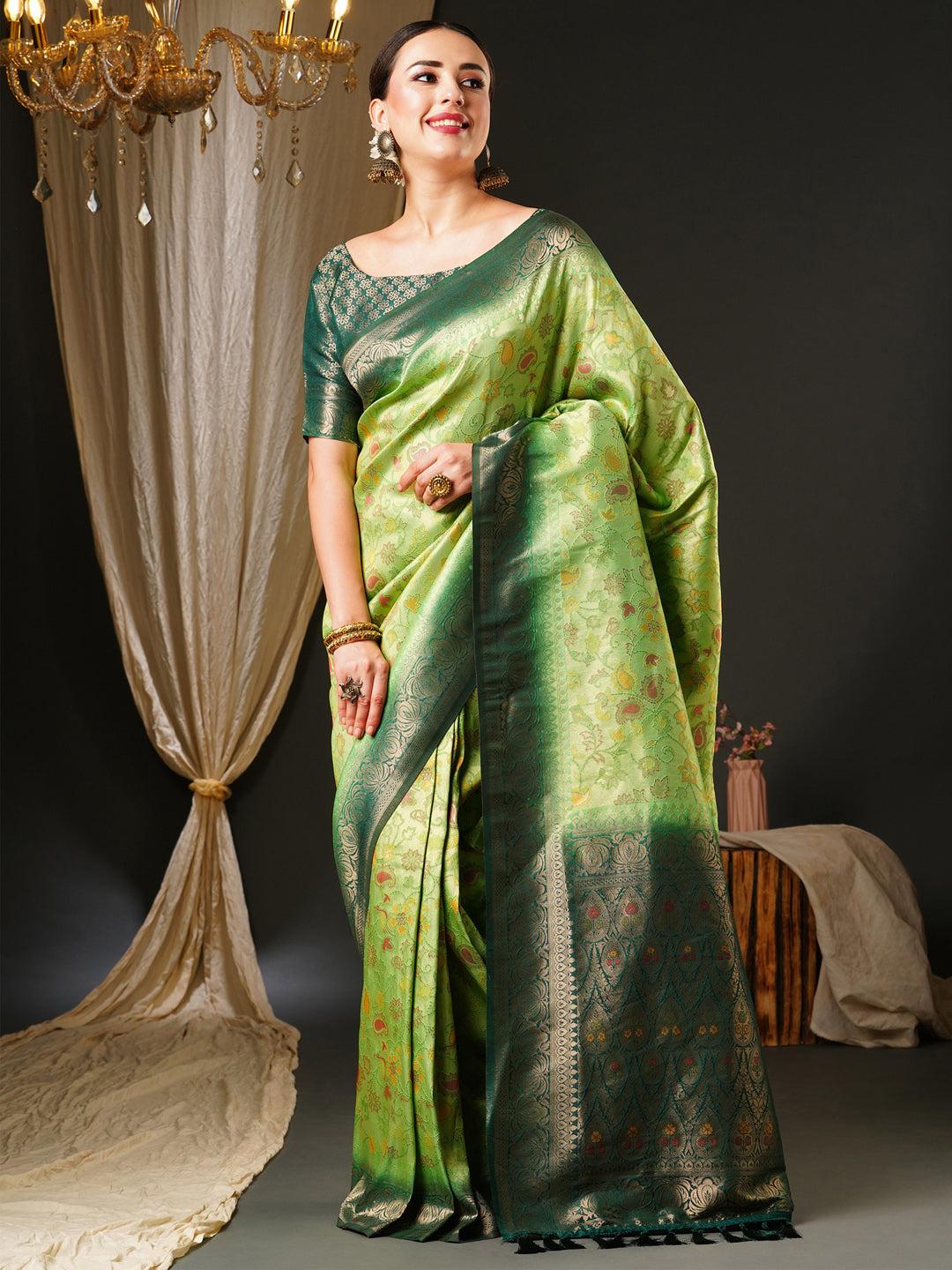 Kanjeevaram Silk Light Green Woven Design Celebrity Saree With Blouse