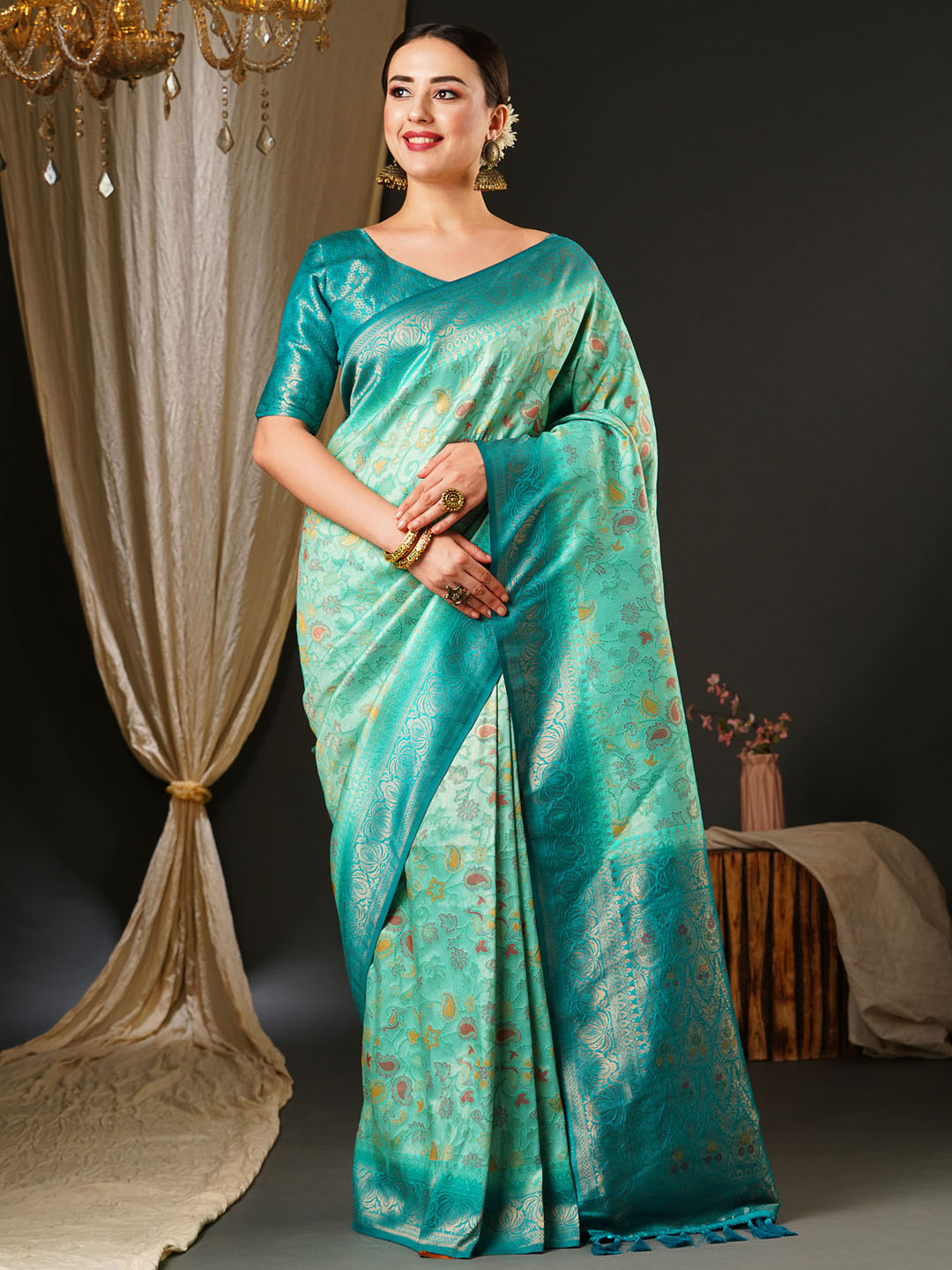 Kanjeevaram Silk Blue Woven Design Celebrity Saree With Blouse