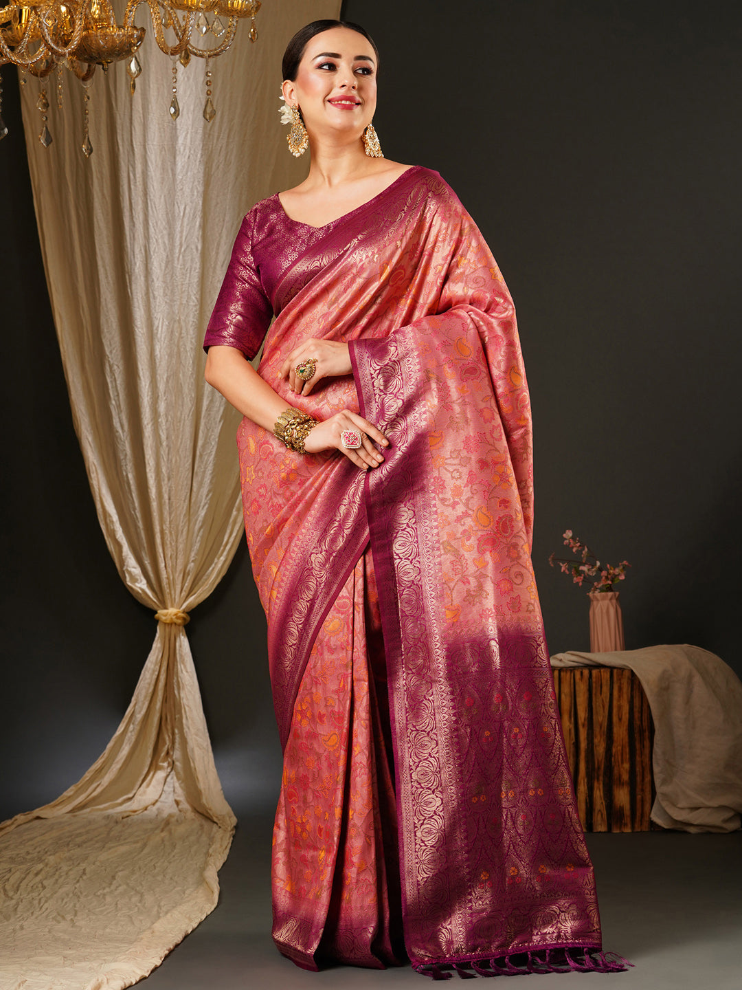 Kanjeevaram Silk Pink Woven Design Celebrity Saree With Blouse