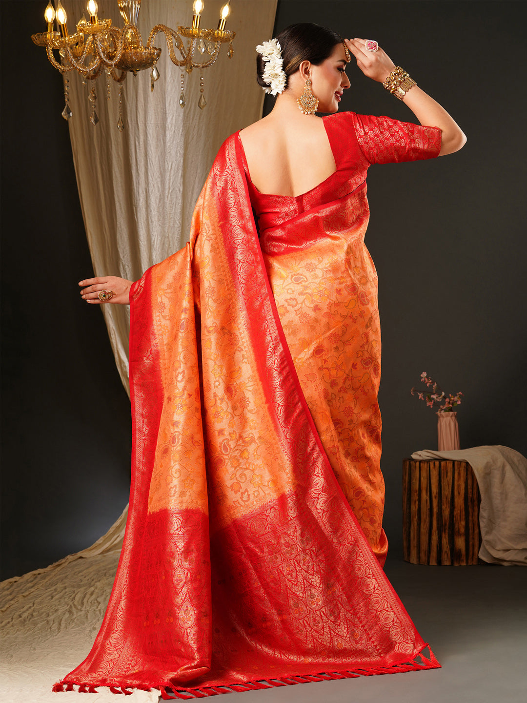 Kanjeevaram Silk Peach Woven Design Celebrity Saree With Blouse