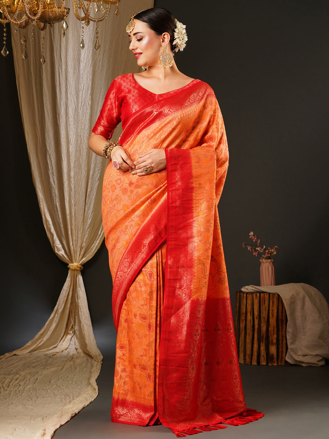 Kanjeevaram Silk Peach Woven Design Celebrity Saree With Blouse