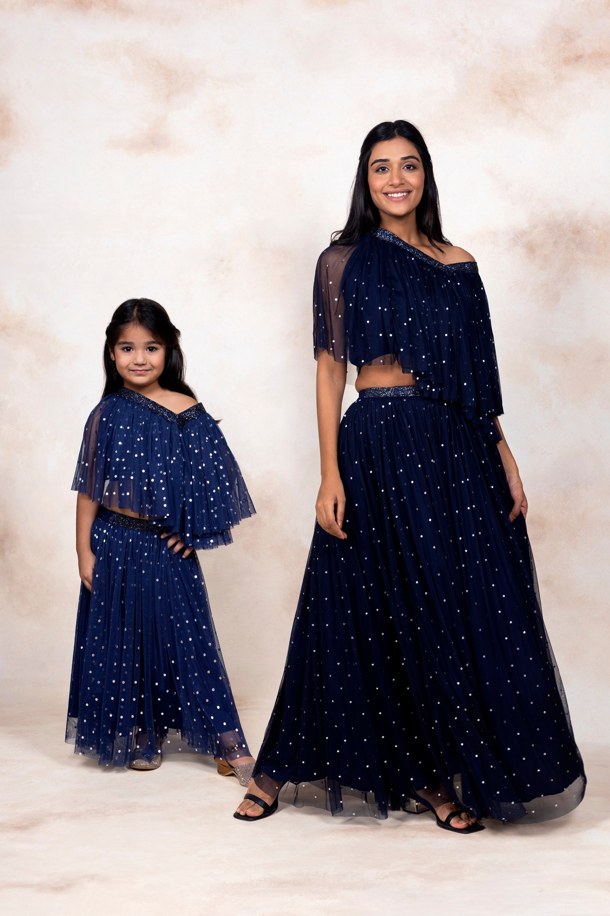 Navy Blue Net Asymmetric Girl's Kurta Sets