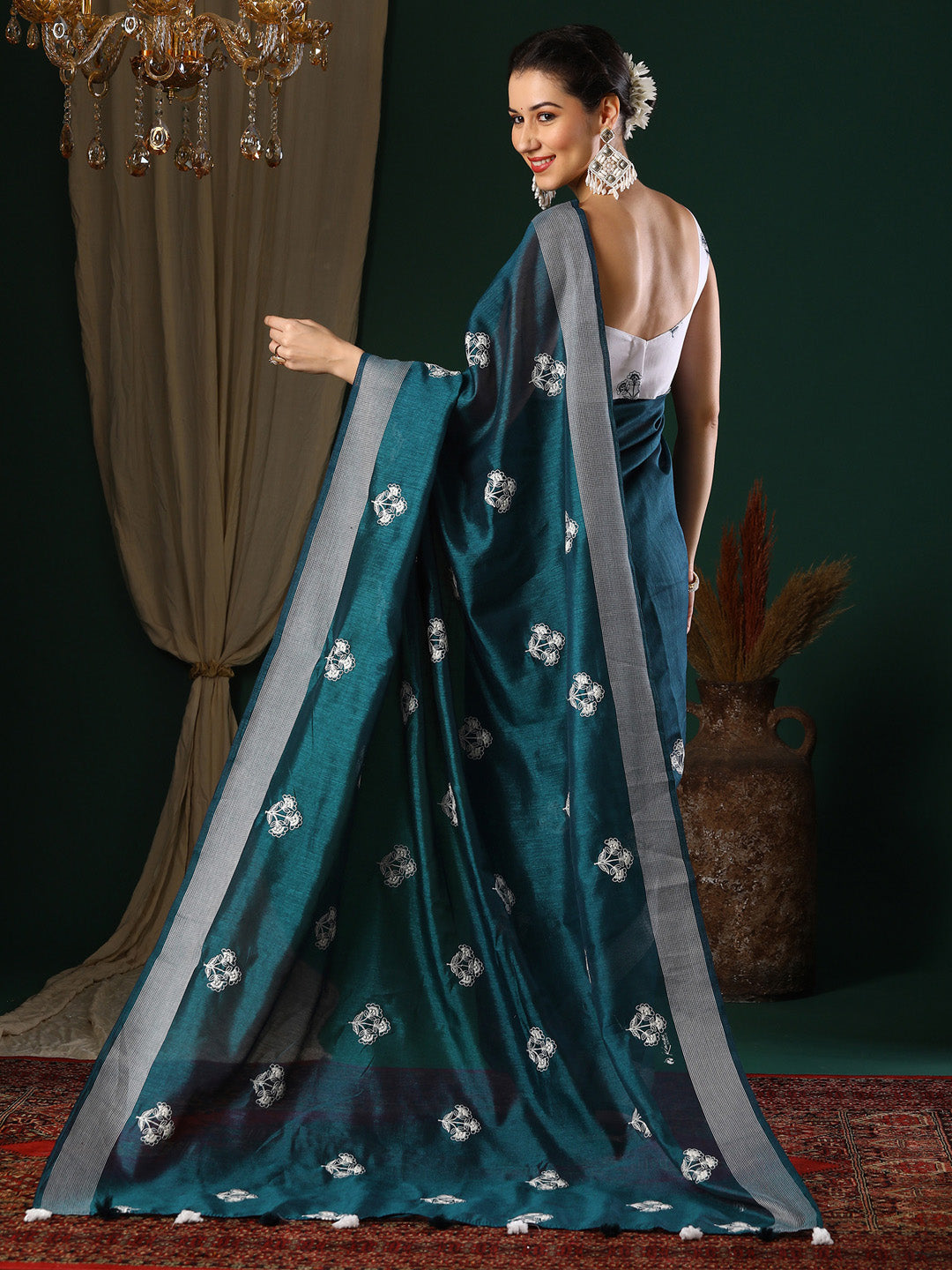 Art Silk Teal blue Embroidered Designer Saree With Blouse