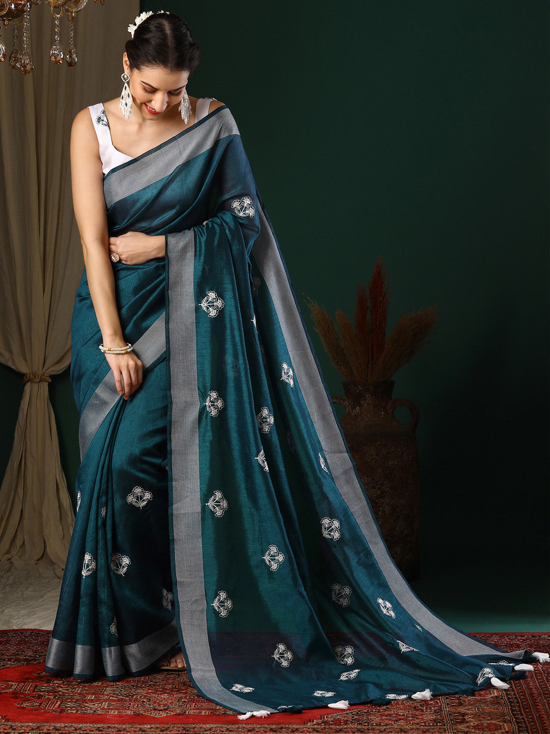 Art Silk Teal blue Embroidered Designer Saree With Blouse