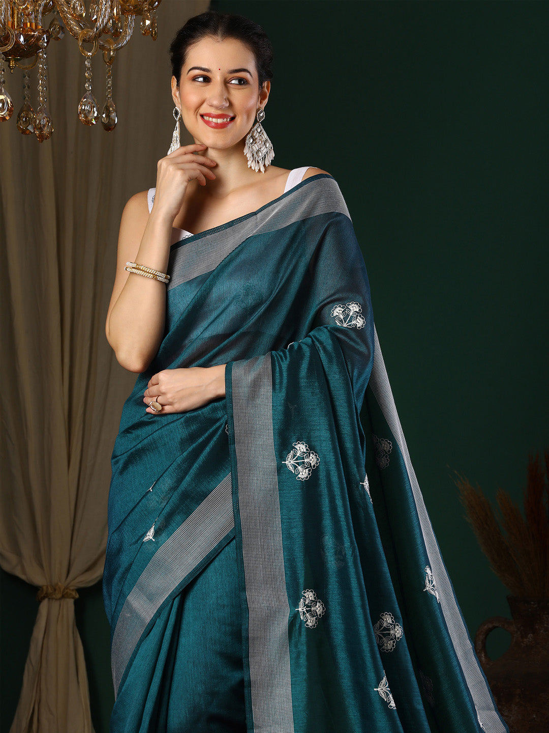 Art Silk Teal blue Embroidered Designer Saree With Blouse