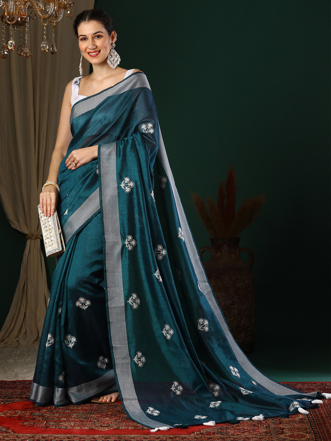 Art Silk Teal blue Embroidered Designer Saree With Blouse