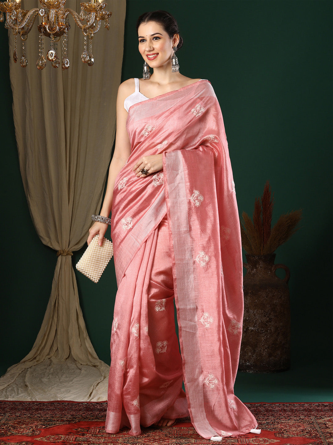 Art Silk Peach Embroidered Designer Saree With Blouse