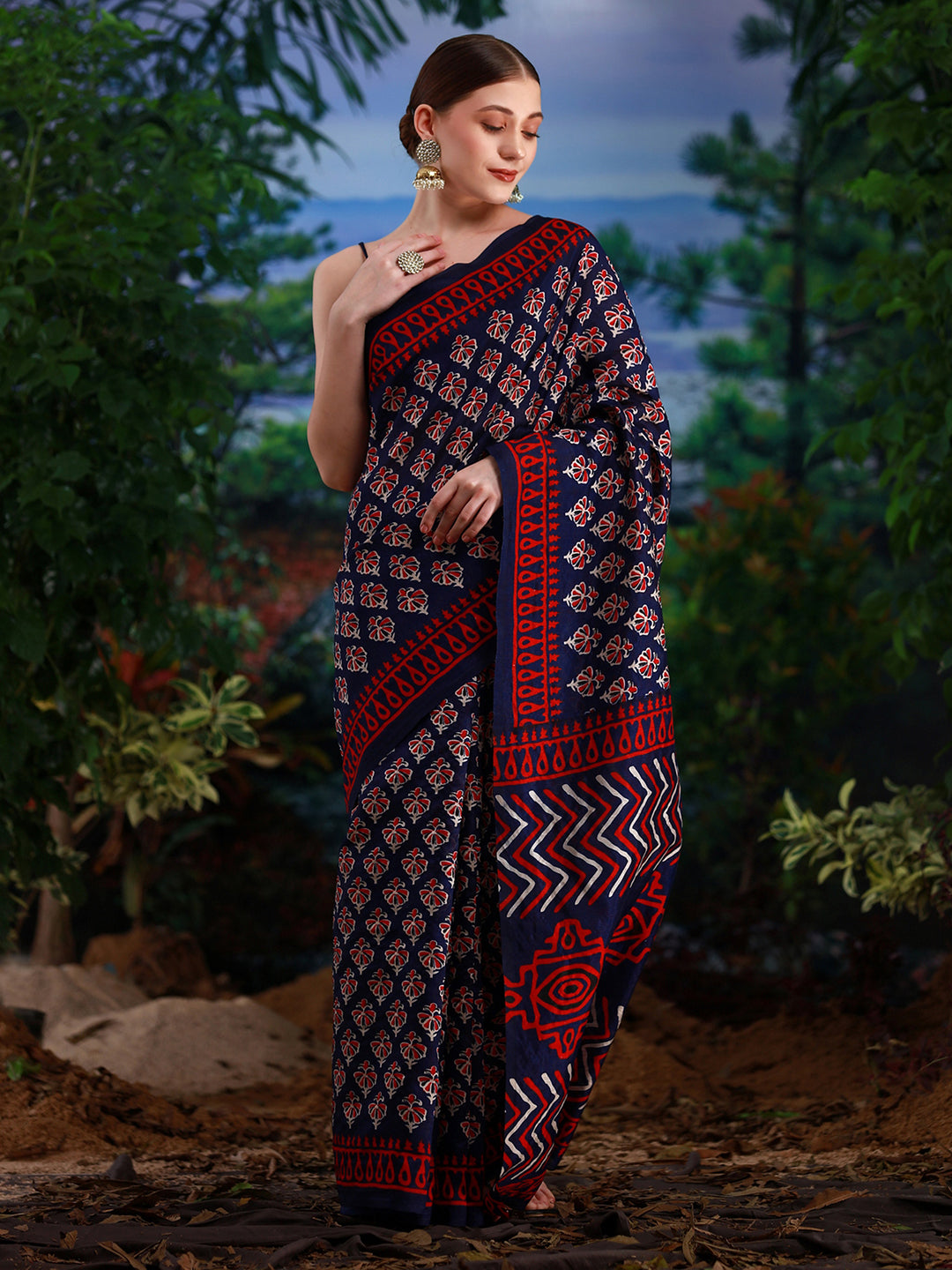 Bhagalpuri Silk Navy Blue Printed Designer Saree With Blouse