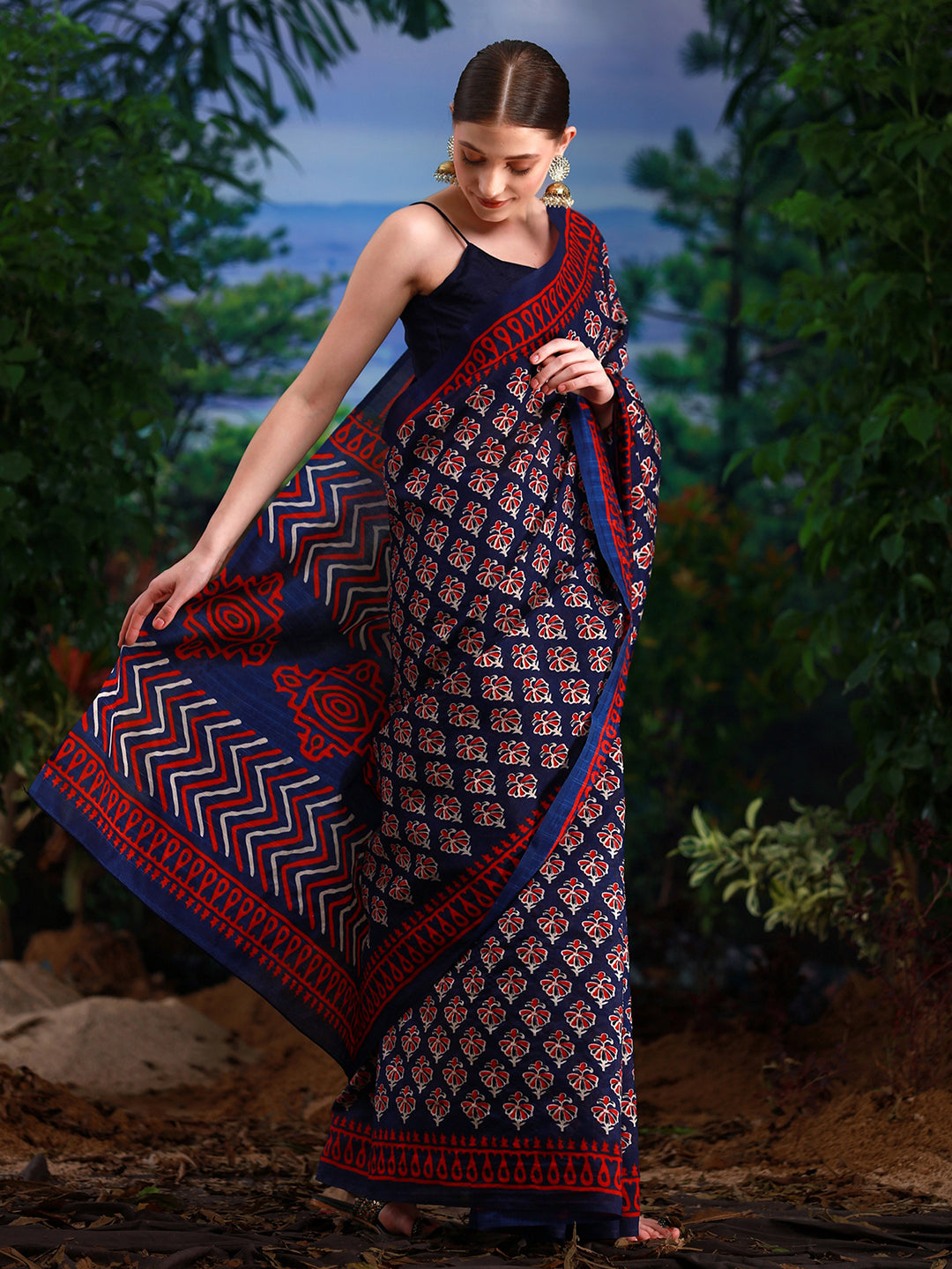 Bhagalpuri Silk Navy Blue Printed Designer Saree With Blouse