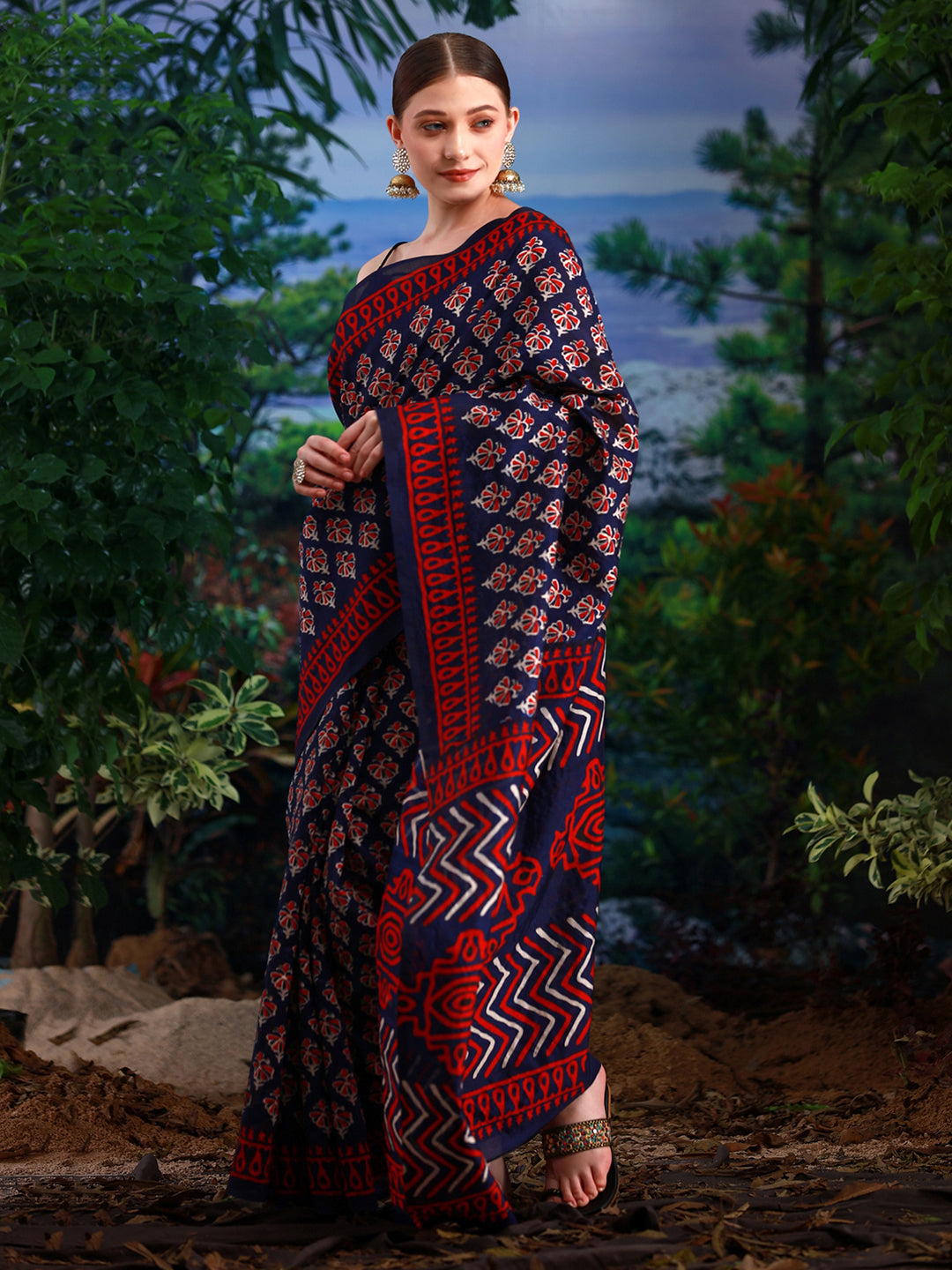 Bhagalpuri Silk Navy Blue Printed Designer Saree With Blouse