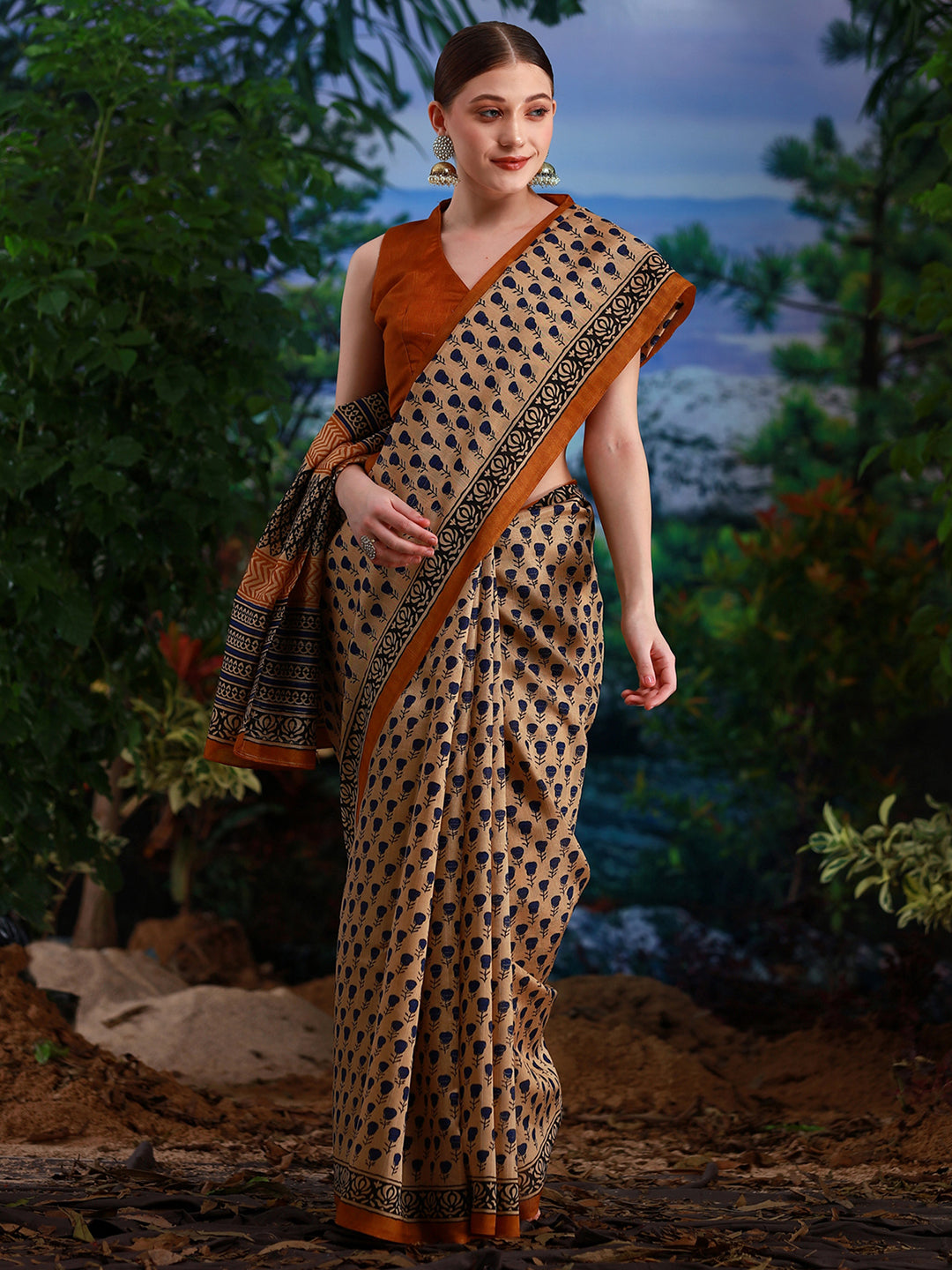 Bhagalpuri Silk Cream Printed Designer Saree With Blouse