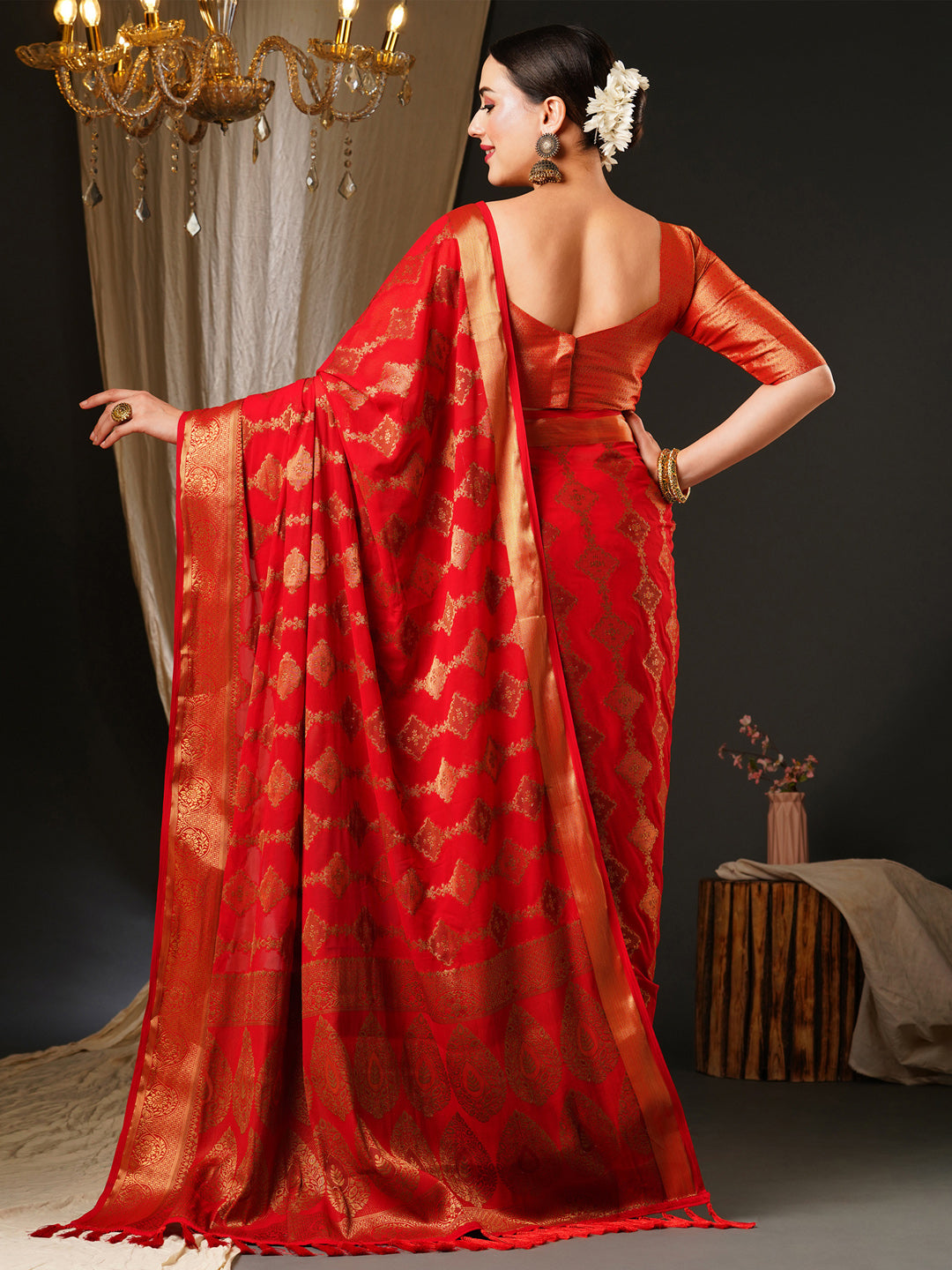 Georgette Red Woven Design Celebrity Saree With Blouse