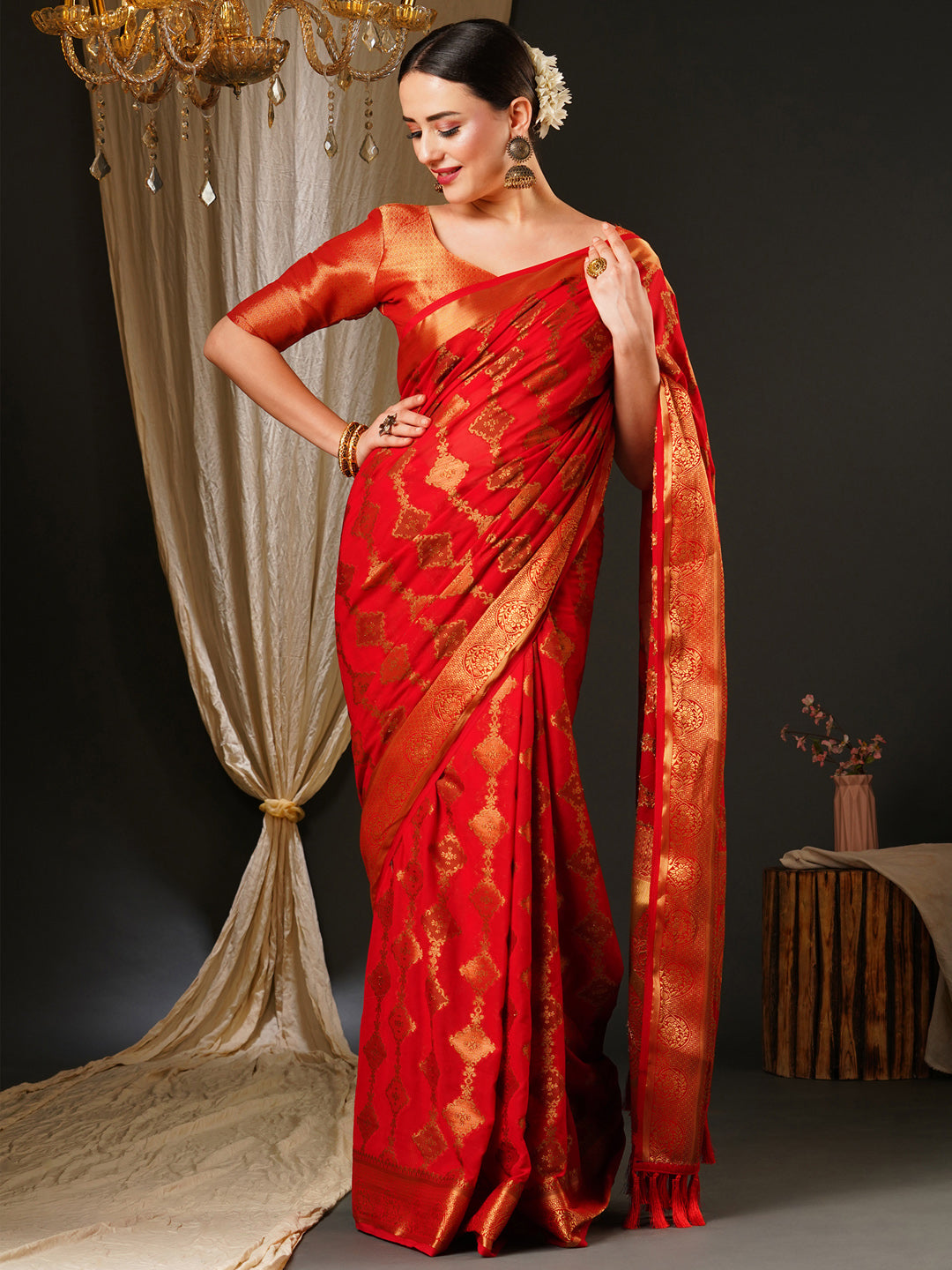 Georgette Red Woven Design Celebrity Saree With Blouse