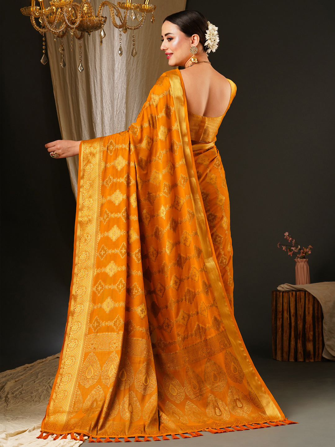 Georgette Mustard Woven Design Celebrity Saree With Blouse