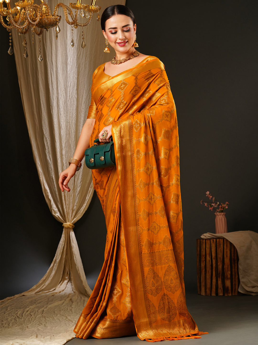 Georgette Mustard Woven Design Celebrity Saree With Blouse