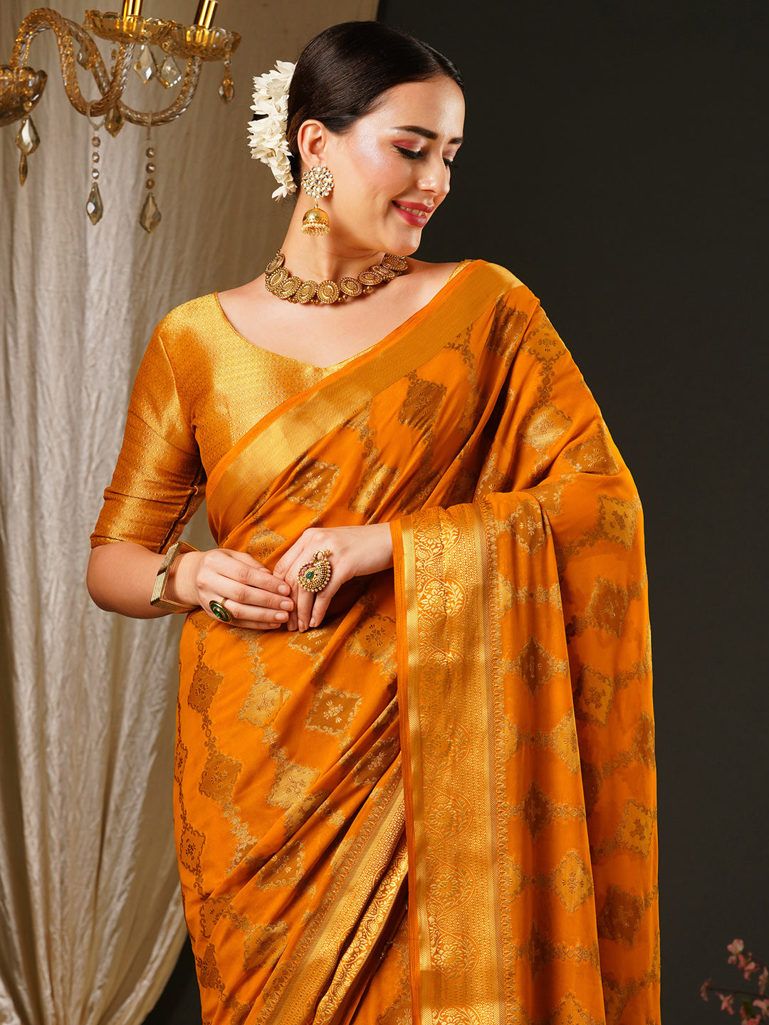 Georgette Mustard Woven Design Celebrity Saree With Blouse