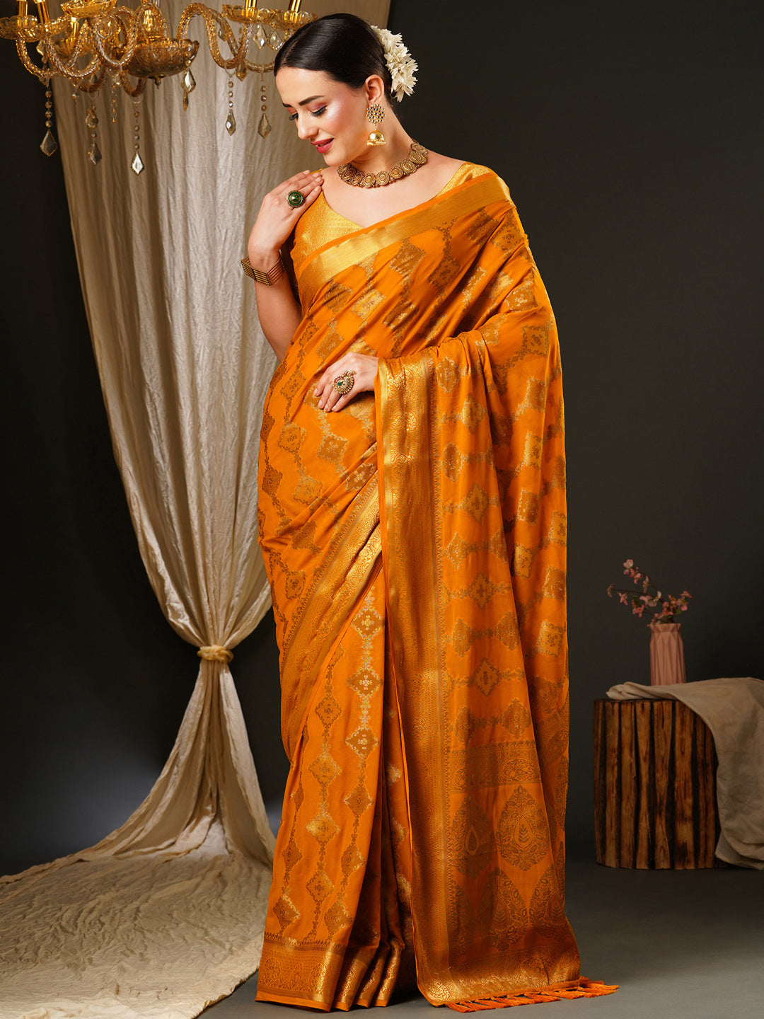 Georgette Mustard Woven Design Celebrity Saree With Blouse