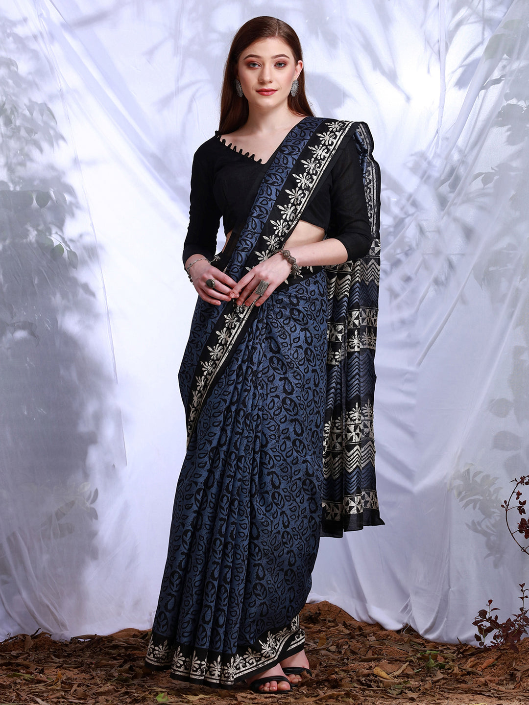 Bhagalpuri Silk Blue Printed Designer Saree With Blouse