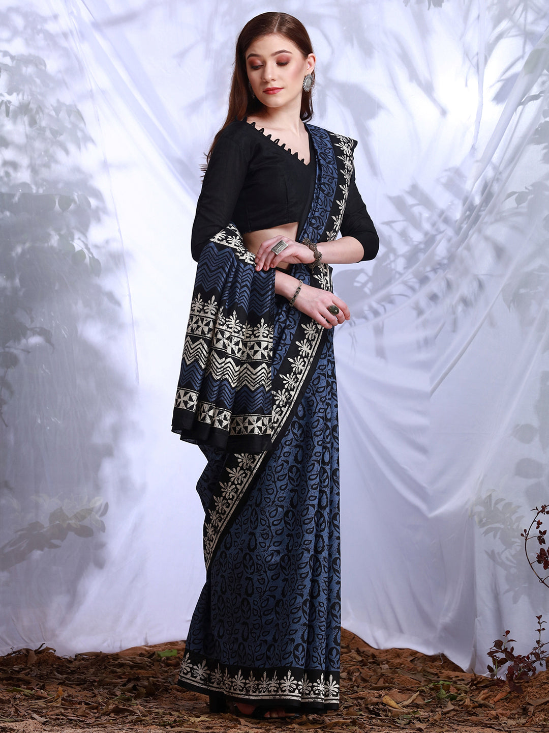 Bhagalpuri Silk Blue Printed Designer Saree With Blouse