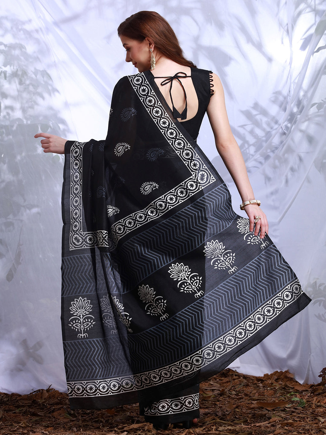 Bhagalpuri Silk Black Printed Designer Saree With Blouse