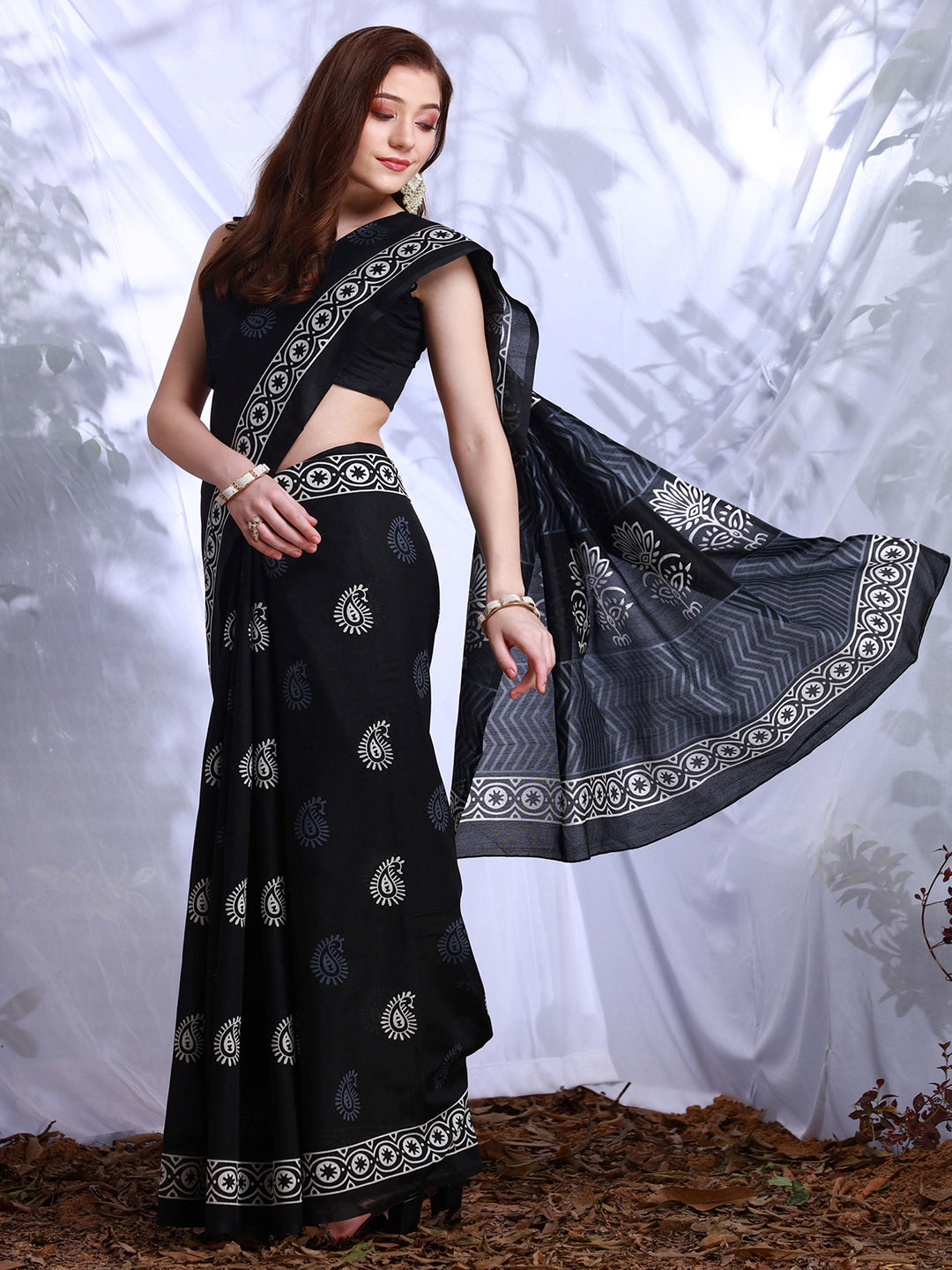 Bhagalpuri Silk Black Printed Designer Saree With Blouse