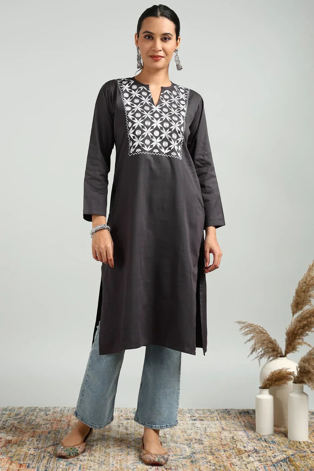 Grey Denim Embroidered Kurta